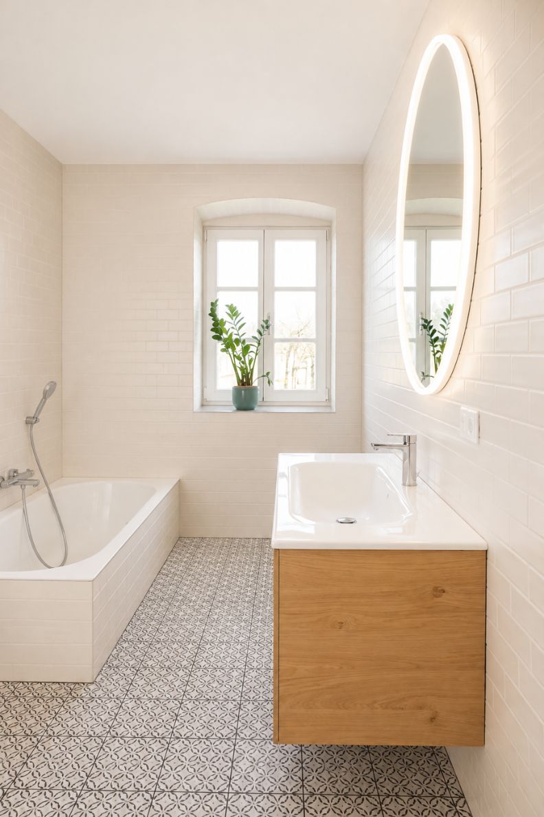 Familienbad im Altbau mit Badewanne, Holzwaschtisch und gemusterten Bodenfliesen